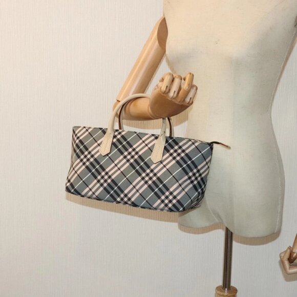 BURBERRY Nova Check Blue Label Hand Bag Nylon Gray Pink Auth - Picture 1 of 16